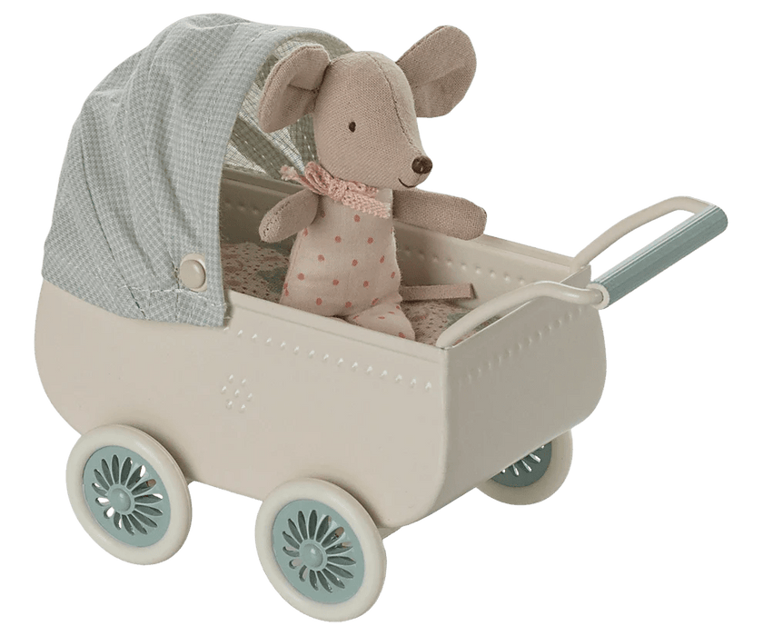 Kinderwagen mit Babymaus in Minze - pilzessono.shop - zauberhafte Kinderdinge