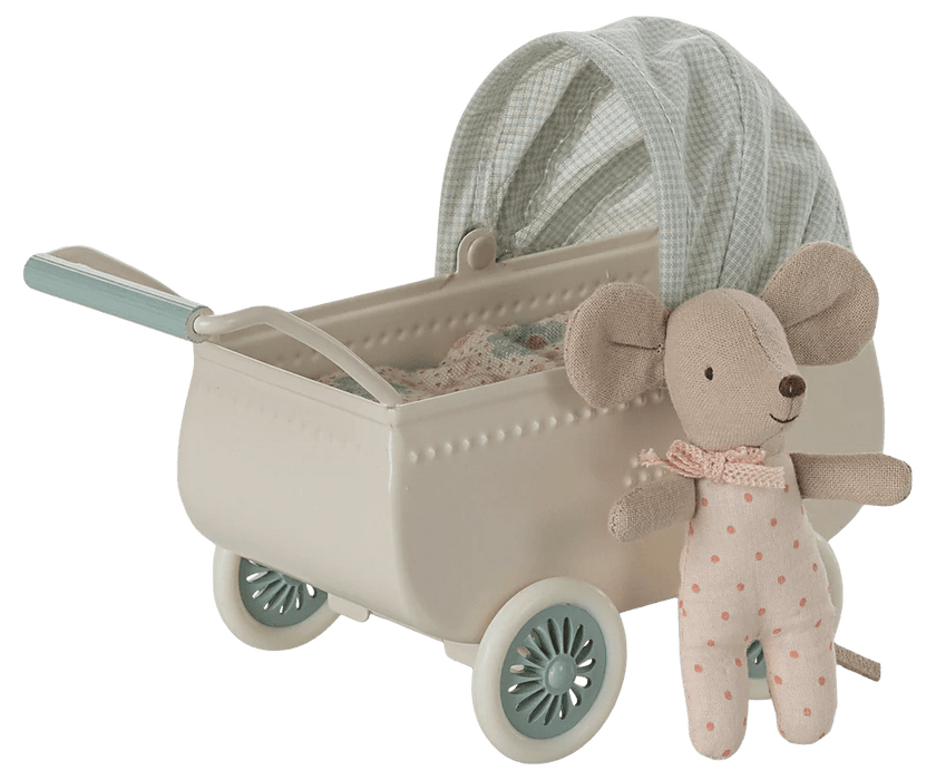 Kinderwagen mit Babymaus in Minze - pilzessono.shop - zauberhafte Kinderdinge