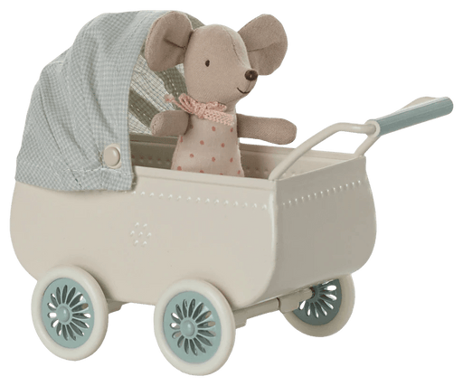 Kinderwagen mit Babymaus in Minze - pilzessono.shop - zauberhafte Kinderdinge