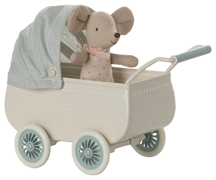 Kinderwagen mit Babymaus in Minze - pilzessono.shop - zauberhafte Kinderdinge