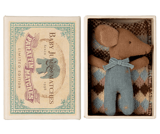 Sleepy wakey baby maus in der Streichholzschachtel in blau - pilzessono.shop - zauberhafte Kinderdinge