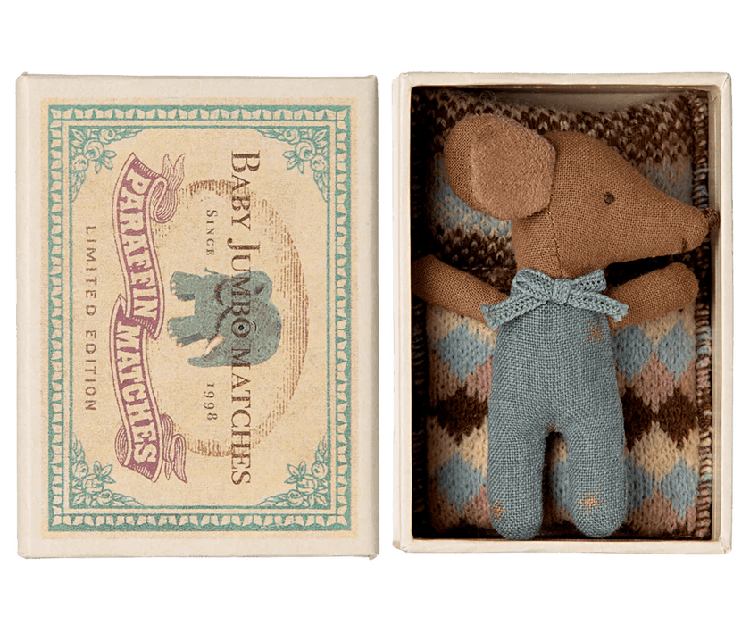 Sleepy wakey baby maus in der Streichholzschachtel in blau - pilzessono.shop - zauberhafte Kinderdinge