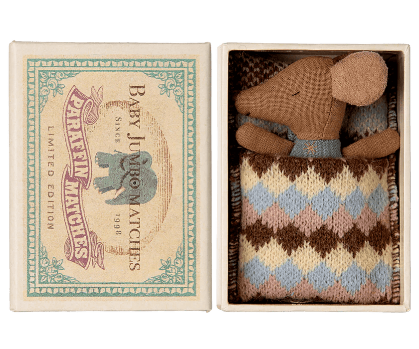 Sleepy wakey baby maus in der Streichholzschachtel in blau - pilzessono.shop - zauberhafte Kinderdinge
