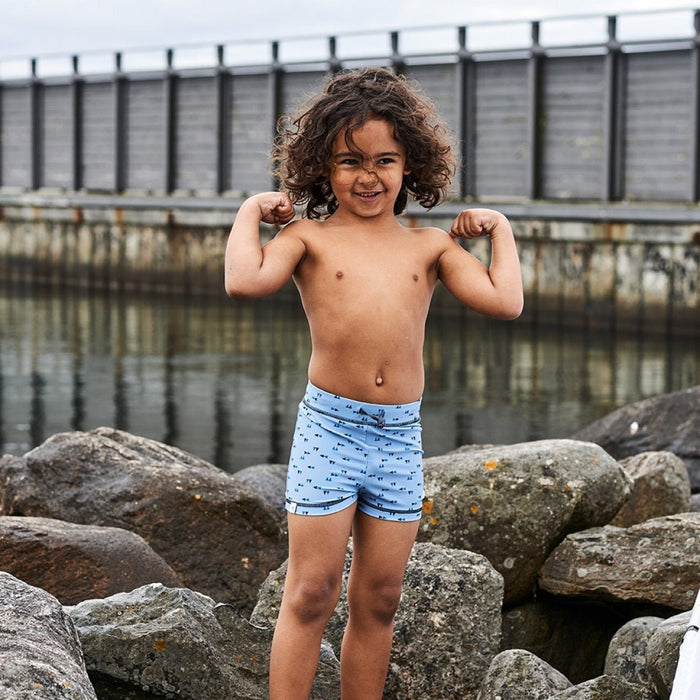 Badeshorts Gwen - Stone Blue Triangle - pilzessono.shop - zauberhafte Kinderdinge