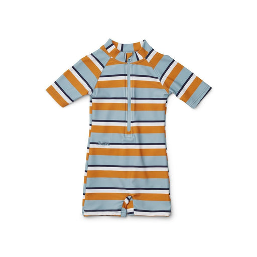 Max Schwimmoverall mit UV-Schutz in blau/gelb/creme gestreift - pilzessono.shop - zauberhafte Kinderdinge