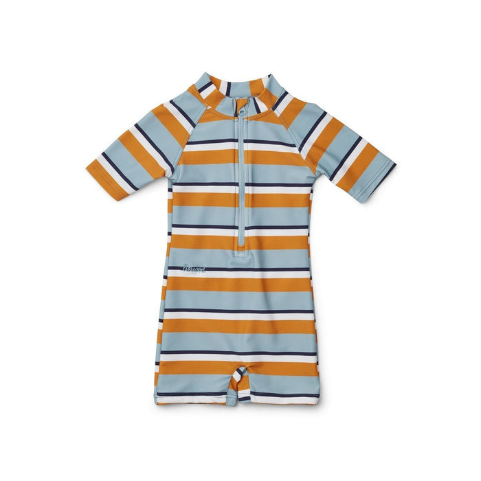 Max Schwimmoverall mit UV-Schutz in blau/gelb/creme gestreift - pilzessono.shop - zauberhafte Kinderdinge