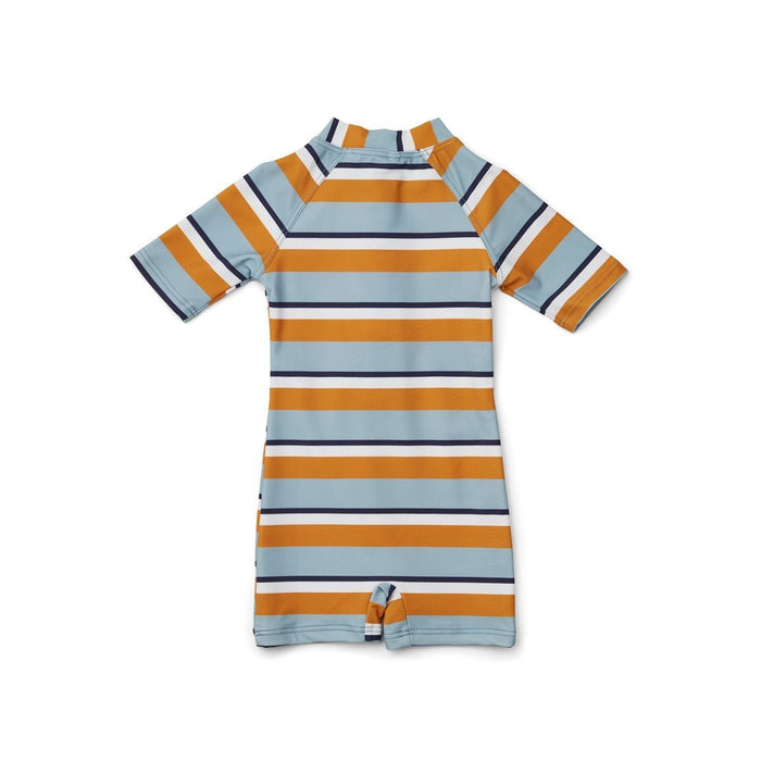 Max Schwimmoverall mit UV-Schutz in blau/gelb/creme gestreift - pilzessono.shop - zauberhafte Kinderdinge