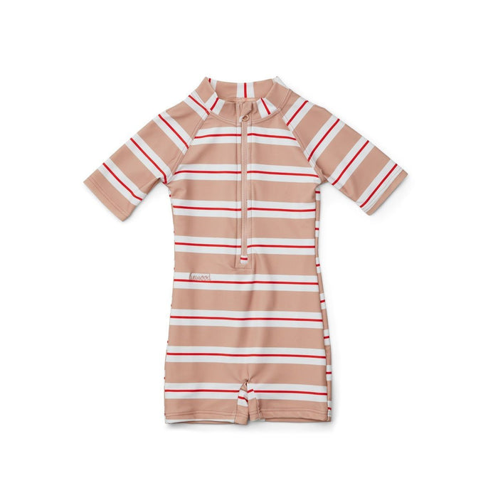 Max Schwimmoverall mit UV-Schutz in rosa/rot/creme gestreift - pilzessono.shop - zauberhafte Kinderdinge